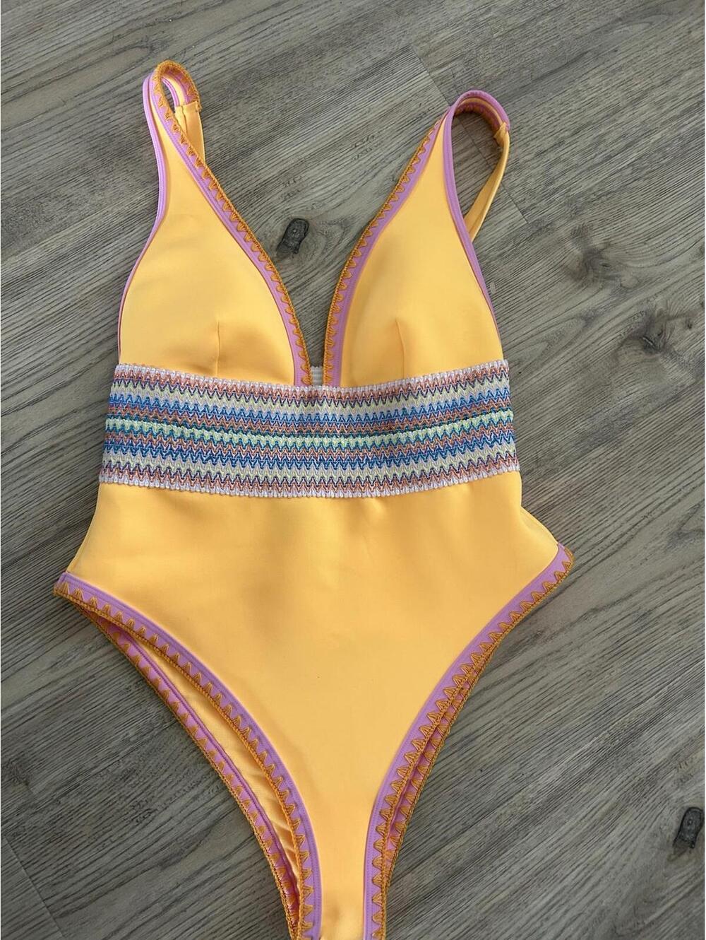 River Island Scuba Embroidered Stitch One One-Piece Swimsuit Sz US 6 Orange